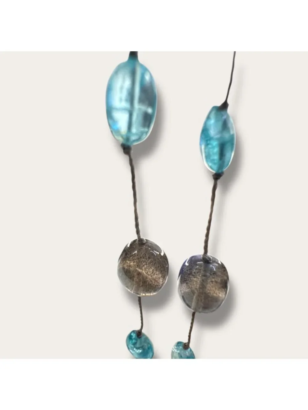 Handcrafted Sea Glass Bead Necklace Hand Knotted Aqua & Smoky Bead 36 inch EVC